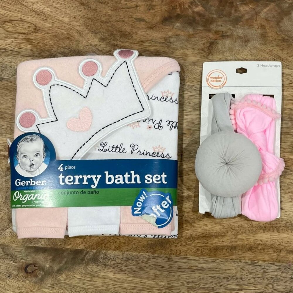 5/$20 NEW 6Pc Baby Girls Bath Towel & Headband Sets